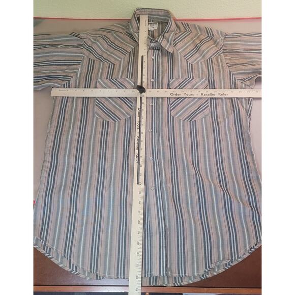 VTG Ruddock Western Pearl Snap Shirt 17.5x34 Tan Stripe USA Made Repair GVC - Picture 7 of 7